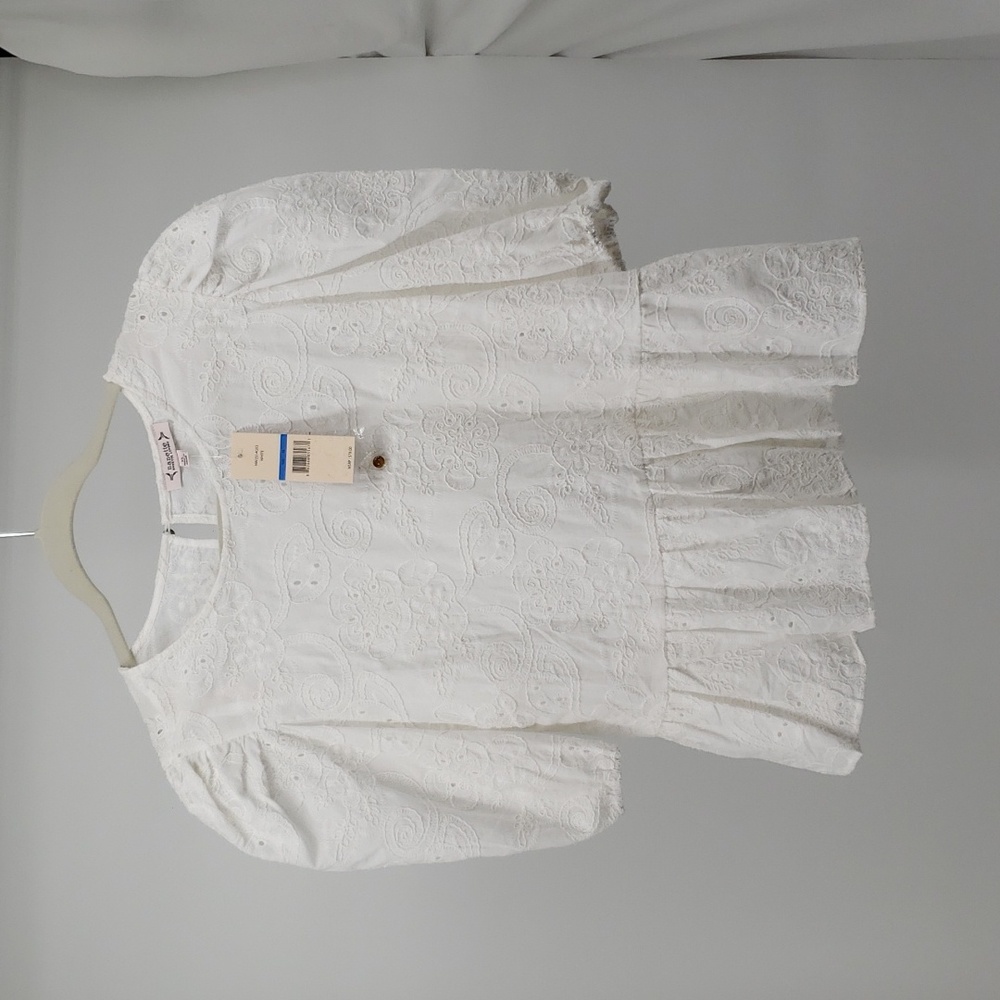 Nanette Lepore Eyelet Peplum Short Puff Sleeve White Keyhole Blouse Size XL - Picture 2 of 12